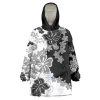 Gray Scale Hibiscus Plumeria Floral Wearable Blanket Hoodie LT01 One Size Black - Polynesian Pride