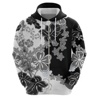 Gray Scale Hibiscus Plumeria Floral Zip Hoodie - Polynesian Pride