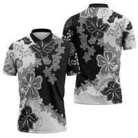 Gray Scale Hibiscus Plumeria Floral Zipper Polo Shirt LT01 - Polynesian Pride