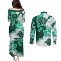 Green Hibiscus Plumeria Floral Couples Matching Puletasi and Long Sleeve Button Shirt LT01 - Polynesian Pride
