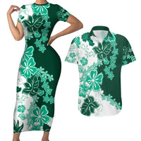 Green Hibiscus Plumeria Floral Couples Matching Short Sleeve Bodycon Dress and Hawaiian Shirt - Polynesian Pride