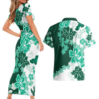Green Hibiscus Plumeria Floral Couples Matching Short Sleeve Bodycon Dress and Hawaiian Shirt - Polynesian Pride
