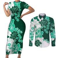 Green Hibiscus Plumeria Floral Couples Matching Short Sleeve Bodycon Dress and Long Sleeve Button Shirt - Polynesian Pride