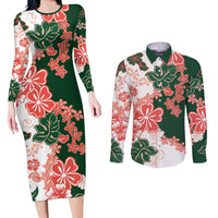 Green Orange Hibiscus Plumeria Floral Couples Matching Long Sleeve Bodycon Dress and Long Sleeve Button Shirt - Polynesian Pride