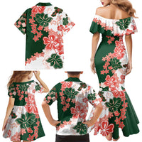 Green Orange Hibiscus Plumeria Floral Family Matching Mermaid Dress and Hawaiian Shirt - Polynesian Pride