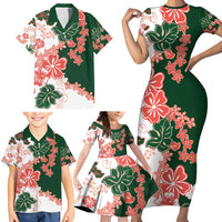 Green Orange Hibiscus Plumeria Floral Family Matching Short Sleeve Bodycon Dress and Hawaiian Shirt - Polynesian Pride