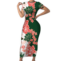 Green Orange Hibiscus Plumeria Floral Family Matching Short Sleeve Bodycon Dress and Hawaiian Shirt - Polynesian Pride