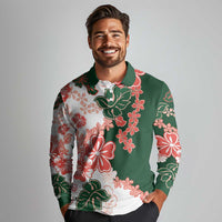 Green Orange Hibiscus Plumeria Floral Long Sleeve Polo Shirt LT01 - Polynesian Pride