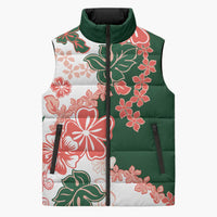 Green Orange Hibiscus Plumeria Floral Sleeveless Puffer Jacket LT01 Orange - Polynesian Pride