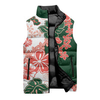 Green Orange Hibiscus Plumeria Floral Sleeveless Puffer Jacket LT01 - Polynesian Pride