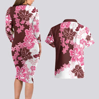 Pink Hibiscus Plumeria Floral Couples Matching Long Sleeve Bodycon Dress and Hawaiian Shirt - Polynesian Pride