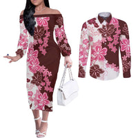 Pink Hibiscus Plumeria Floral Couples Matching Off The Shoulder Long Sleeve Dress and Long Sleeve Button Shirt - Polynesian Pride