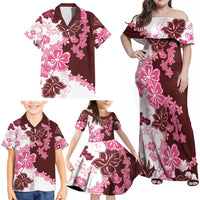Pink Hibiscus Plumeria Floral Family Matching Off Shoulder Maxi Dress and Hawaiian Shirt - Polynesian Pride