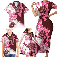 Pink Hibiscus Plumeria Floral Family Matching Short Sleeve Bodycon Dress and Hawaiian Shirt - Polynesian Pride