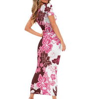 Pink Hibiscus Plumeria Floral Family Matching Short Sleeve Bodycon Dress and Hawaiian Shirt - Polynesian Pride