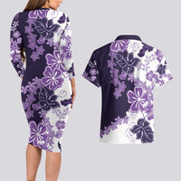 Purple Hibiscus Plumeria Floral Couples Matching Long Sleeve Bodycon Dress and Hawaiian Shirt - Polynesian Pride