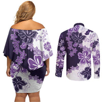 Purple Hibiscus Plumeria Floral Couples Matching Off Shoulder Short Dress and Long Sleeve Button Shirt - Polynesian Pride
