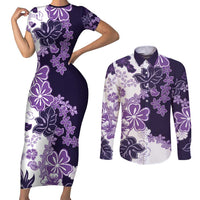 Purple Hibiscus Plumeria Floral Couples Matching Short Sleeve Bodycon Dress and Long Sleeve Button Shirt - Polynesian Pride