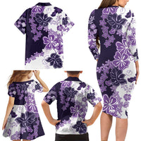 Purple Hibiscus Plumeria Floral Family Matching Long Sleeve Bodycon Dress and Hawaiian Shirt - Polynesian Pride