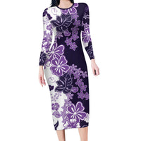 Purple Hibiscus Plumeria Floral Family Matching Long Sleeve Bodycon Dress and Hawaiian Shirt - Polynesian Pride