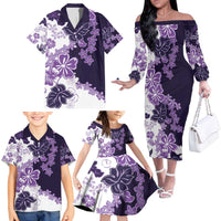 Purple Hibiscus Plumeria Floral Family Matching Off The Shoulder Long Sleeve Dress and Hawaiian Shirt - Polynesian Pride