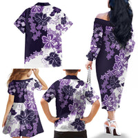 Purple Hibiscus Plumeria Floral Family Matching Off The Shoulder Long Sleeve Dress and Hawaiian Shirt - Polynesian Pride