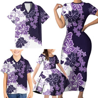Purple Hibiscus Plumeria Floral Family Matching Short Sleeve Bodycon Dress and Hawaiian Shirt - Polynesian Pride