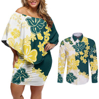 Yelow Teal Hibiscus Plumeria Floral Couples Matching Off Shoulder Short Dress and Long Sleeve Button Shirt - Polynesian Pride