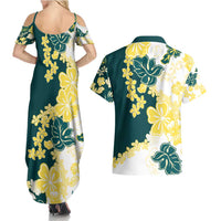 Yelow Teal Hibiscus Plumeria Floral Couples Matching Summer Maxi Dress and Hawaiian Shirt - Polynesian Pride