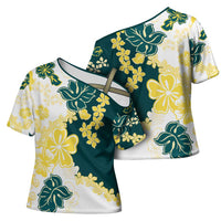 Yelow Teal Hibiscus Plumeria Floral Cross Shoulder Shirt LT01 - Polynesian Pride