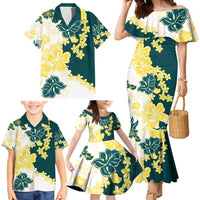 Yelow Teal Hibiscus Plumeria Floral Family Matching Mermaid Dress and Hawaiian Shirt - Polynesian Pride