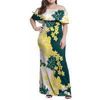 Yelow Teal Hibiscus Plumeria Floral Family Matching Off Shoulder Maxi Dress and Hawaiian Shirt - Polynesian Pride
