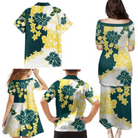 Yelow Teal Hibiscus Plumeria Floral Family Matching Puletasi and Hawaiian Shirt - Polynesian Pride