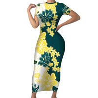 Yelow Teal Hibiscus Plumeria Floral Family Matching Short Sleeve Bodycon Dress and Hawaiian Shirt - Polynesian Pride