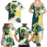 Yelow Teal Hibiscus Plumeria Floral Family Matching Summer Maxi Dress and Hawaiian Shirt - Polynesian Pride