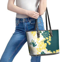 Yelow Teal Hibiscus Plumeria Floral Leather Tote Bag - Polynesian Pride