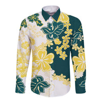 Yelow Teal Hibiscus Plumeria Floral Long Sleeve Button Shirt LT01 Unisex Yellow - Polynesian Pride