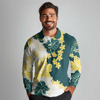 Yelow Teal Hibiscus Plumeria Floral Long Sleeve Polo Shirt LT01 - Polynesian Pride