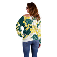 Yelow Teal Hibiscus Plumeria Floral Off Shoulder Sweater - Polynesian Pride
