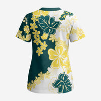 Yelow Teal Hibiscus Plumeria Floral Scrub Top LT01 - Polynesian Pride