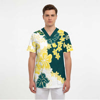 Yelow Teal Hibiscus Plumeria Floral Scrub Top LT01 - Polynesian Pride