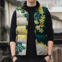 Yelow Teal Hibiscus Plumeria Floral Sleeveless Puffer Jacket LT01 - Polynesian Pride
