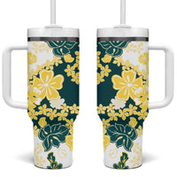 Yelow Teal Hibiscus Plumeria Floral Tumbler With Handle - Polynesian Pride