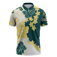 Yelow Teal Hibiscus Plumeria Floral Zipper Polo Shirt LT01 Yellow - Polynesian Pride