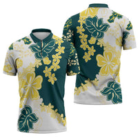 Yelow Teal Hibiscus Plumeria Floral Zipper Polo Shirt LT01 - Polynesian Pride