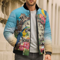 Personalized It's 5 o'clock Somewhere Bomber Puffer Jacket Hawaiian Tropical Parrots - Polynesian Pride