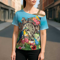 Personalized It's 5 o'clock Somewhere Cross Shoulder Shirt Hawaiian Tropical Parrots - Polynesian Pride