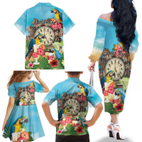 Personalized It's 5 o'clock Somewhere Family Matching Off The Shoulder Long Sleeve Dress and Hawaiian Shirt Hawaiian Tropical Parrots - Polynesian Pride