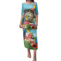 Personalized It's 5 o'clock Somewhere Family Matching Puletasi and Hawaiian Shirt Hawaiian Tropical Parrots LT01 Mom's Dress Blue - Polynesian Pride