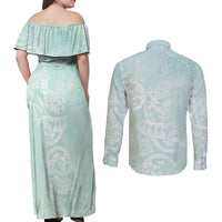 Polynesian Tiare Monstera Seafoam Green Couples Matching Off Shoulder Maxi Dress and Long Sleeve Button Shirt Liquid Style LT01 - Polynesian Pride